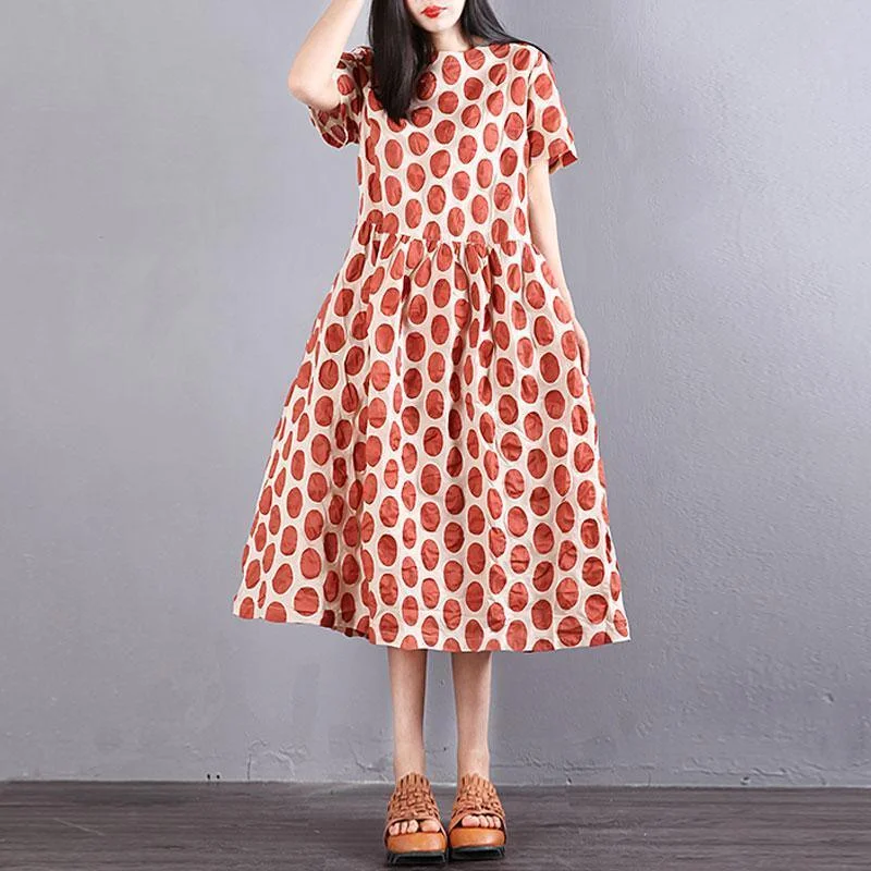 Fine cotton dress oversize Women Cotton Short Sleeve Orange Dots Pullover Dress High Neck Pullover Fine cotton dress oversize Women Cotton Short Sleeve Orange Dots Pullover Dress High Neck Pullover