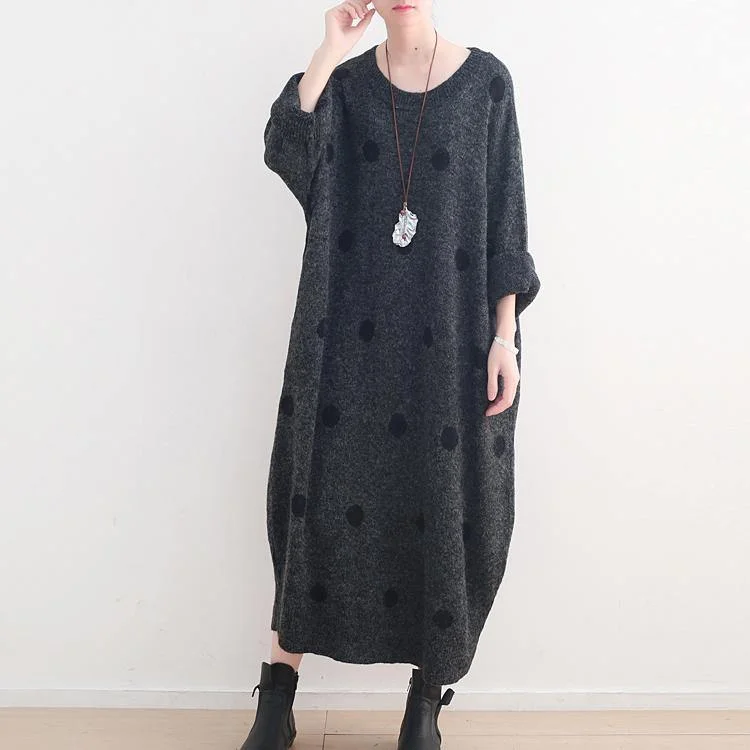 Fine Dark Gray Dotted Long Sweaters Casual O Neck Pullover Sweater Elegant Baggy Dresses Solo Sleeve Pullover