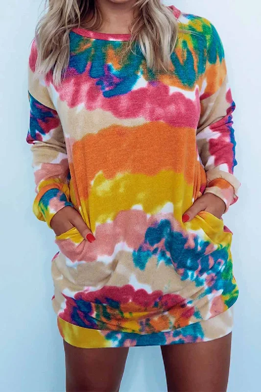 Florcoo Round Neck Pullover Tie-Dye Printing Mini Dress Notched Neck Pullover
