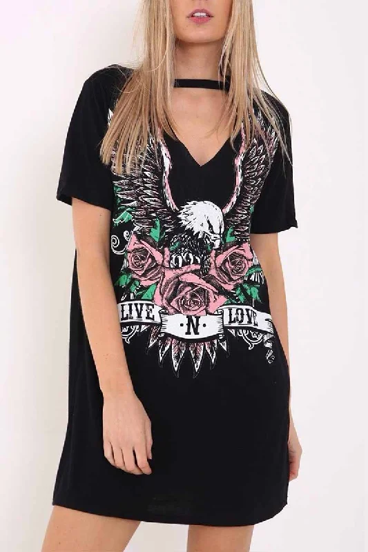 Florcoo Women's Choker Cutout V-Neck Eagle Printed Short Sleeve Mini T-Shirt Dress Asymmetrical Pockets Print