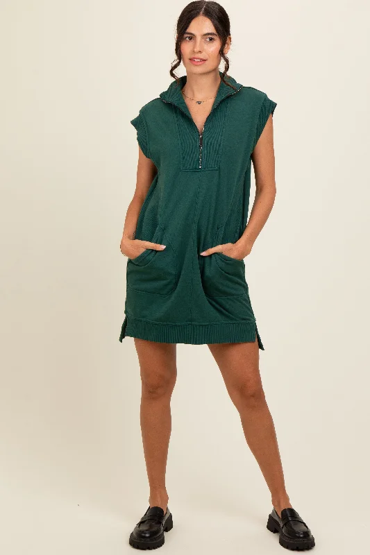 Forest Green Zip Up Hooded Sweatshirt Mini Dress Oversized Hoodie Comfort Casual