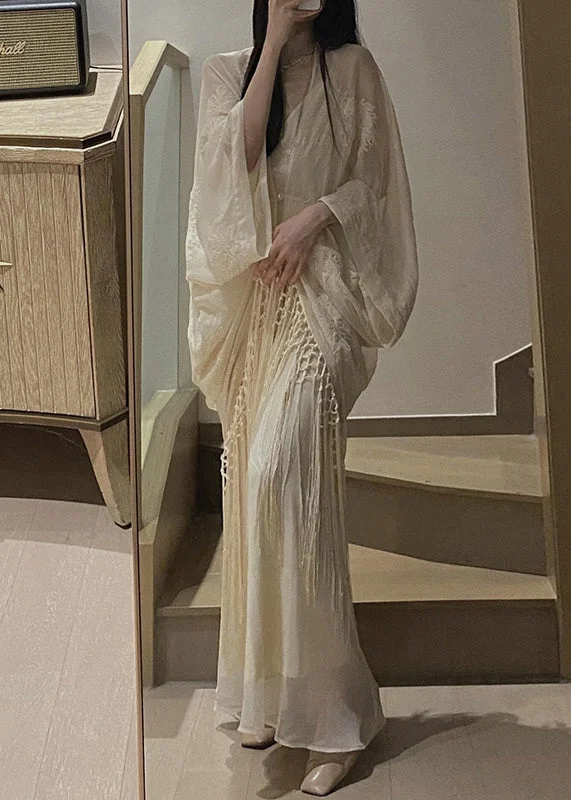 French Beige Cardigans And Spaghetti Strap Dress Silk 2 Piece Outfit Fall Open Front Closed Front Wrap Front