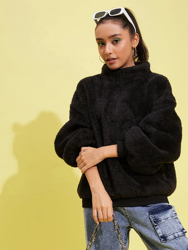 Girls Black Fur Front Zipper Sweatshirt Hoodie with Snap Buttons Easy Quick