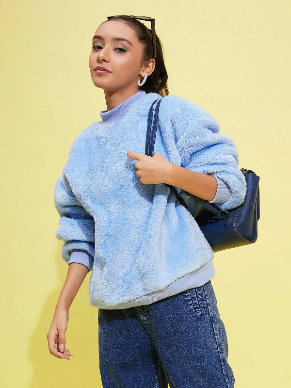Girls Blue Fur High Neck Sweatshirt Hoodie with Cropped Fit Short Trendy