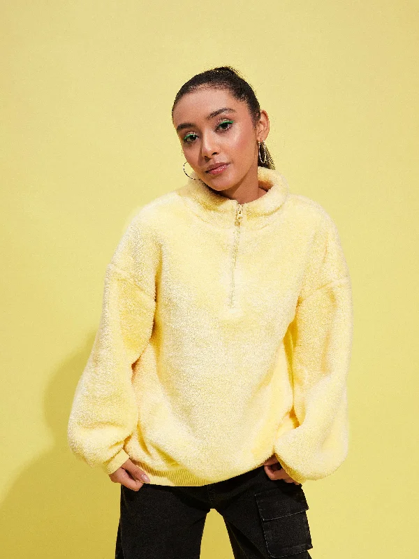 Girls Yellow Fur Front Zipper Sweatshirt Hoodie with Sequins Glamorous Eye-catching