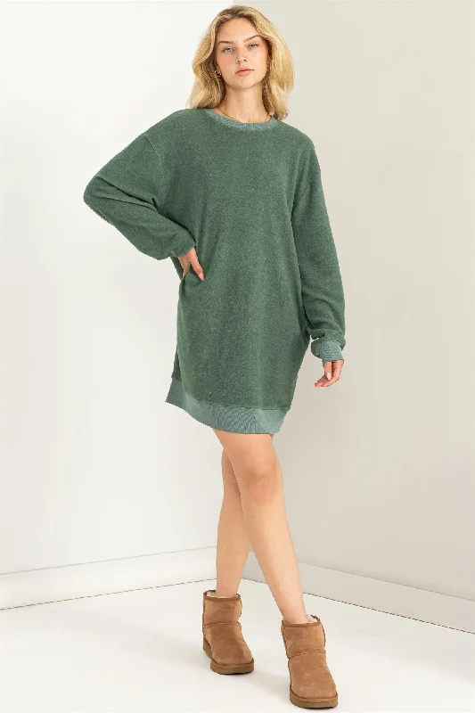 Green Fleece Oversized Sweatshirt Mini Dress Hoodie with Contrast Stitching Detailed Premium