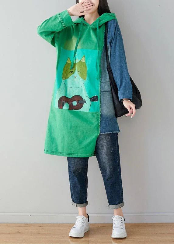 Green Patchwork Cotton Pullover Sweatshirt Dress Hooded Cartoon Print Spring Hoodie with Distressed Vintage Worn