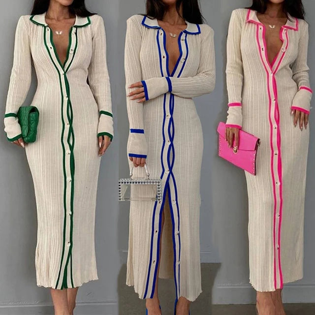 GX5636 Boutique Color Patchwork Slim Cardigan Casual Dress Women Turn Down Collar Long Sleeve Single Breasted Sexy Maxi Dresses Oversized Loose Flowy GX5636 Boutique Color Patchwork Slim Cardigan Casual Dress Women Turn Down Collar Long Sleeve Single Breasted Sexy Maxi Dresses Oversized Loose Flowy