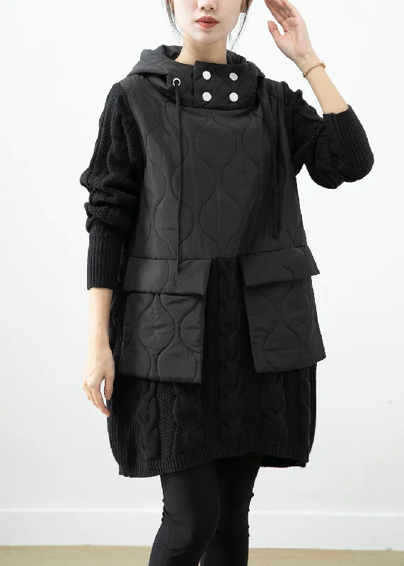 Handmade Black Hooded Knit Patchwork Warm Fleece Pullover Sweatshirt Dress Winter Hoodie with Front Slit Layering Stylish Handmade Black Hooded Knit Patchwork Warm Fleece Pullover Sweatshirt Dress Winter Hoodie with Front Slit Layering Stylish