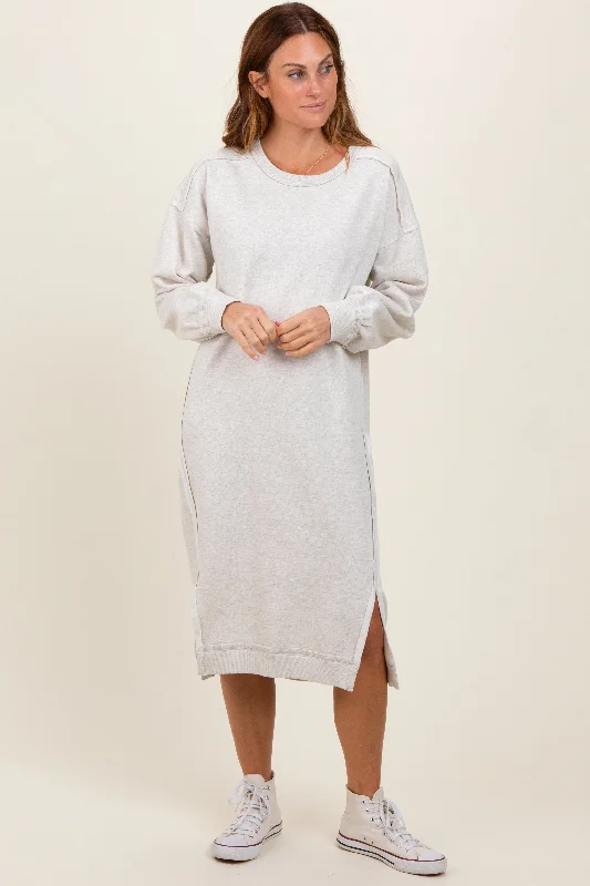 Heather Beige Sweatshirt Midi Dress Hoodie with Tie-Dye Psychedelic Retro