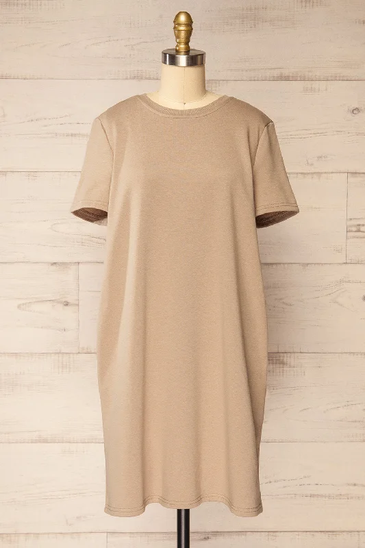 Jerzey Taupe | T-Shirt Dress w/ Pockets Front Pockets Side Pockets Patch Pockets