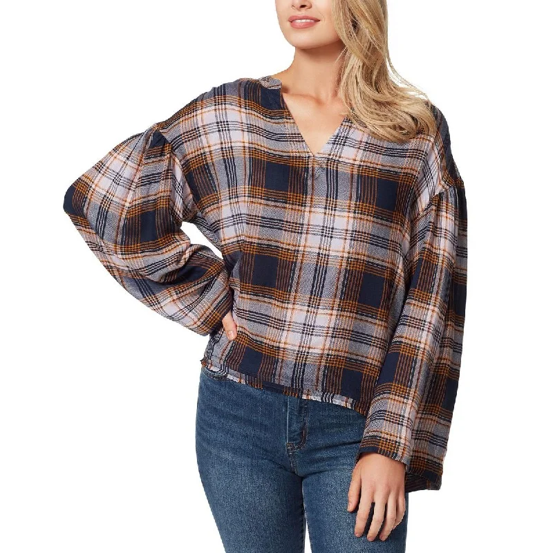 Jessica Simpson Womens Plaid Notch-Neck Pullover Top Slim Sleeve Pullover