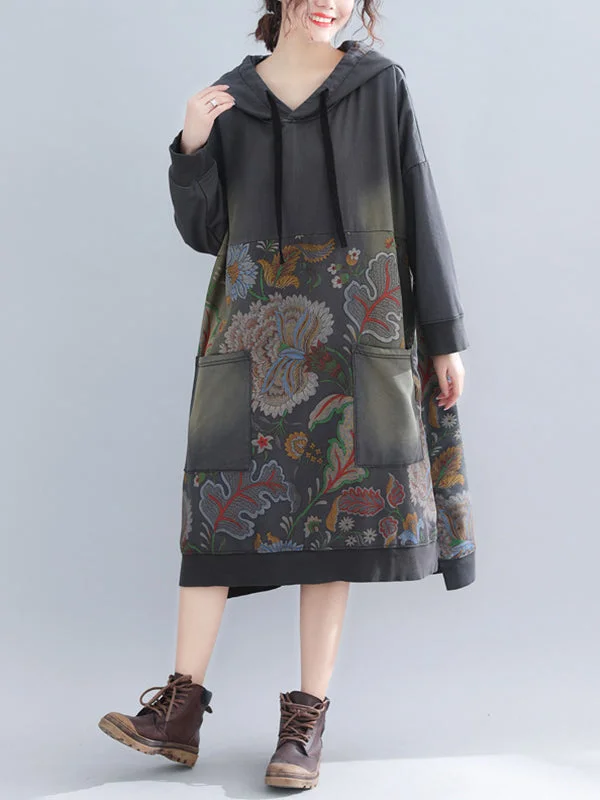 Jo V-Neck Hooded Sweatshirt Floral Prints Shift Dress Hoodie with Hem Raw Edge Edgy Unfinished