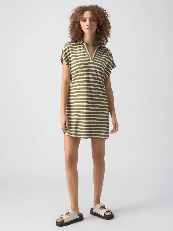 Johnny Collar T-Shirt Dress Light Ecru Olive Stripe Hooded Caped Shawl Collar