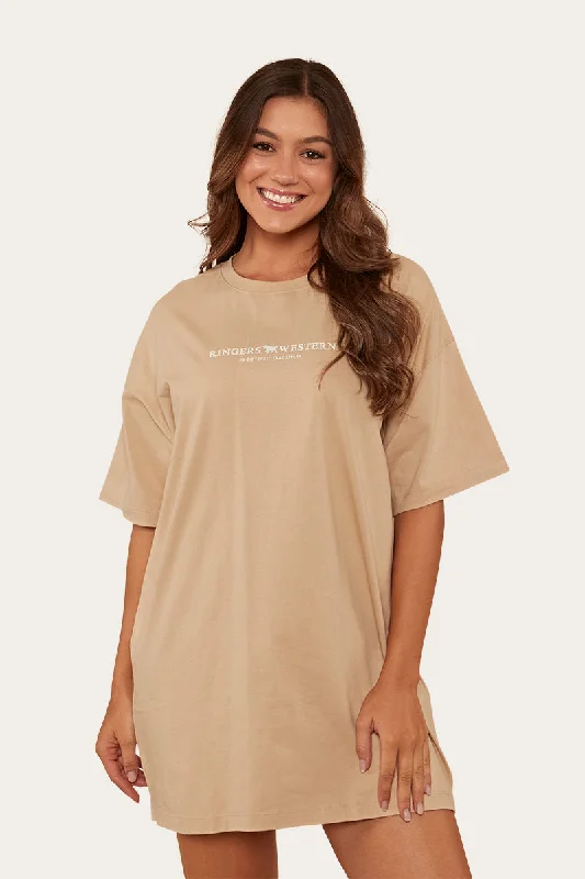 Journey Womens T-Shirt Dress - Dark Sand Beaded Sequined Faux Fur