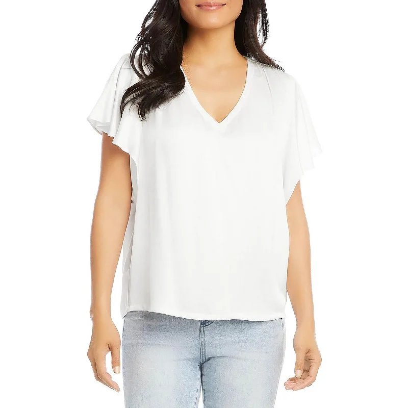 Karen Kane Womens V Neck Knit Pullover Top Ruffle Neck Pullover