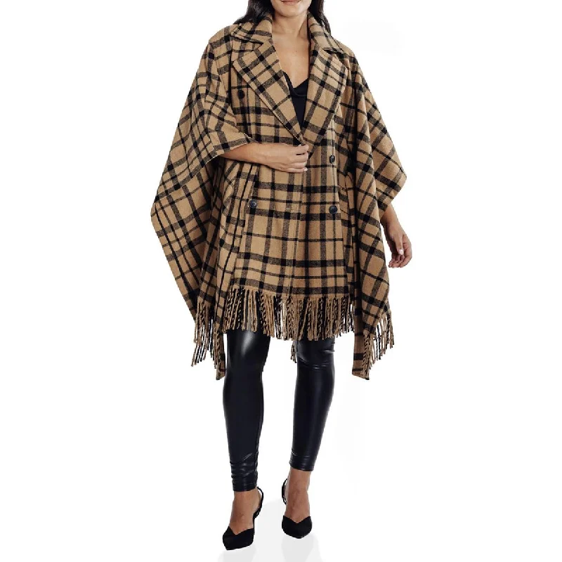 Kathy Ireland Women's Plaid Print Double Breasted Poncho Coat Sleek Leather Jacket