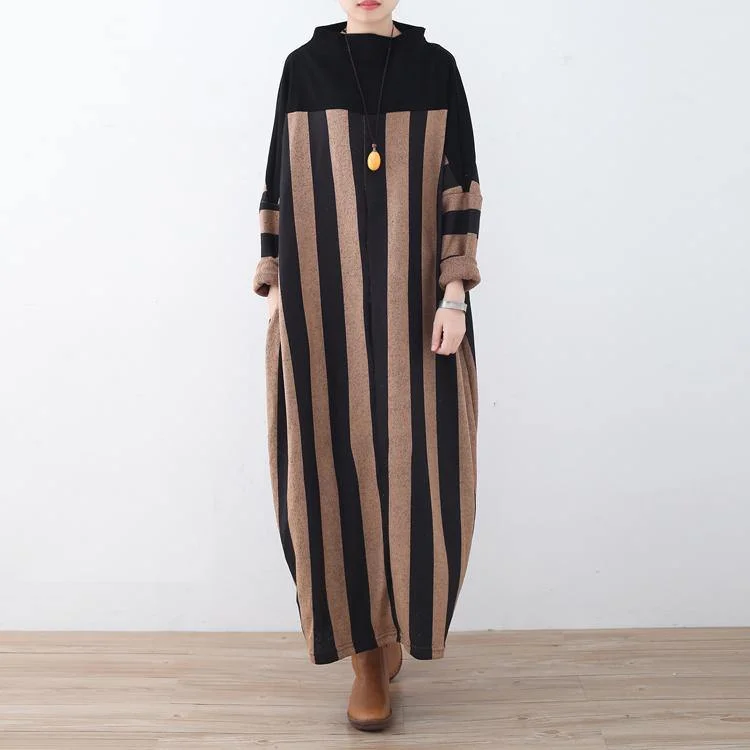 khaki striped long sweaters Loose fitting patchwork pullover Fine high neck winter dresses Box Sleeve Comfort