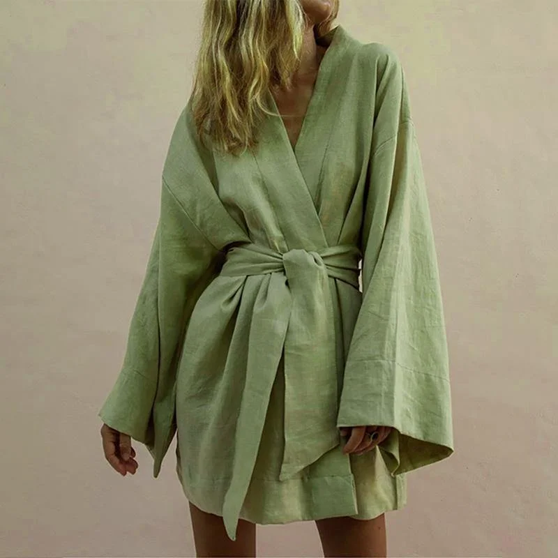 Lace Up Women's V-Neck Kimono Cardigan Mini Cotton Linen Long Sleeve Sashes Dress Ribbed Striped Patterned Lace Up Women's V-Neck Kimono Cardigan Mini Cotton Linen Long Sleeve Sashes Dress Ribbed Striped Patterned