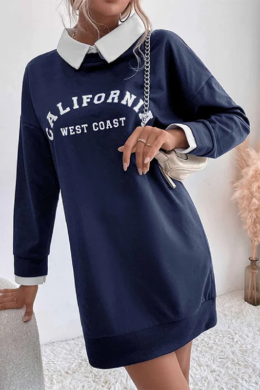Lapel Patchwork Sweatshirt Dress Hoodie with Embroidery Detailed Premium