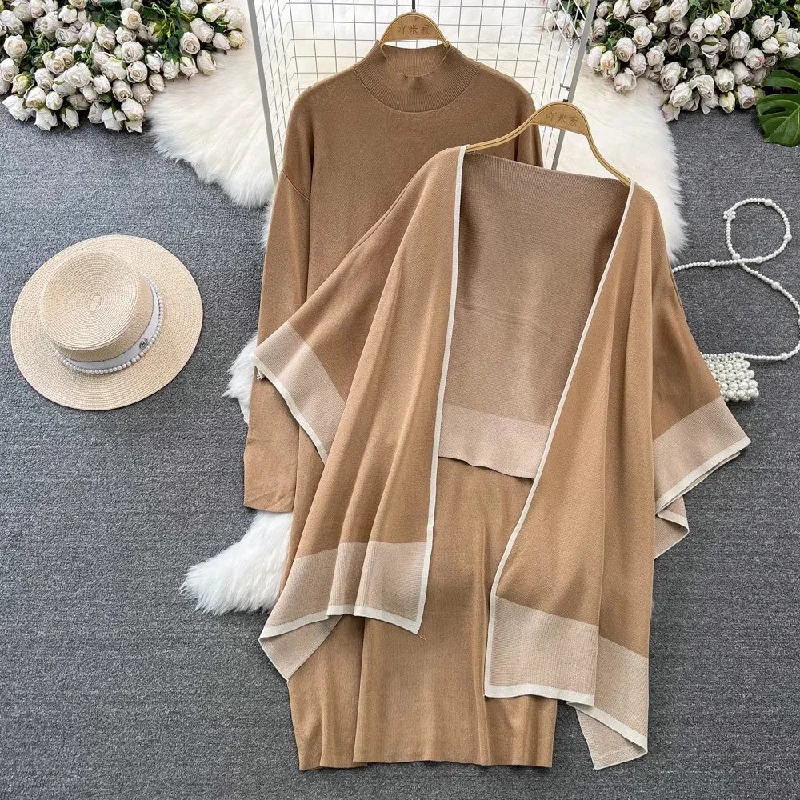large shawl women's knitted cardigan coat two-piece a-line dress S4216 Wool Fabric Cashmere Fabric Tweed Fabric large shawl women's knitted cardigan coat two-piece a-line dress S4216 Wool Fabric Cashmere Fabric Tweed Fabric