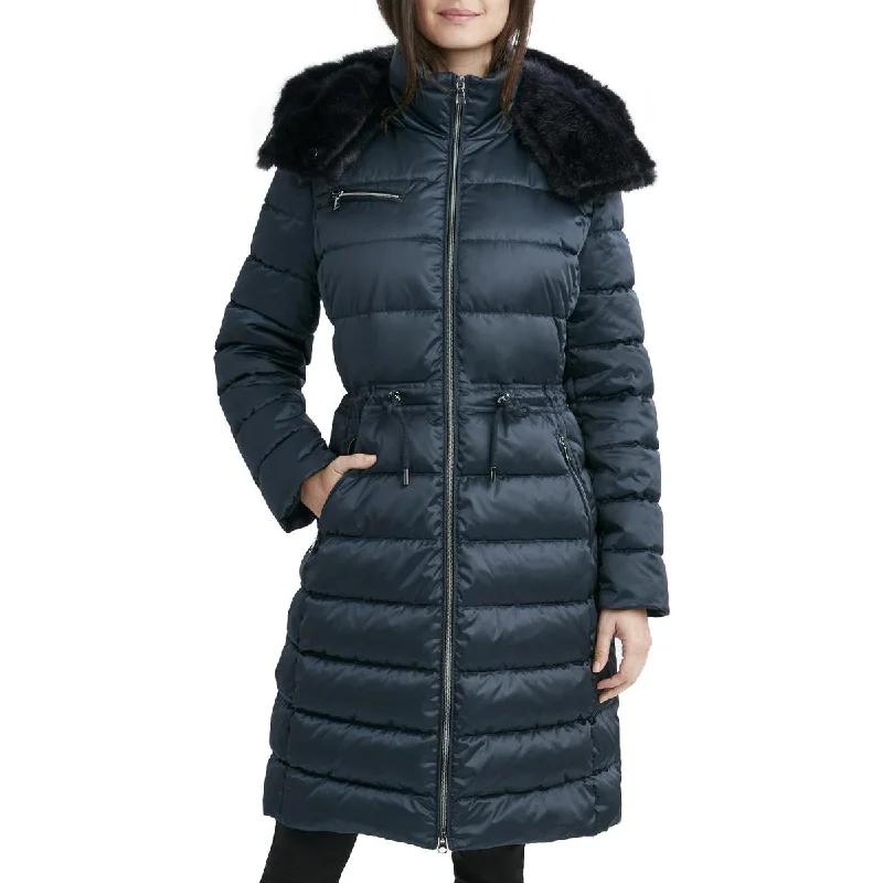 Laundry by Shelli Segal Women's Satin Quilted Long Puffer Coat with Cinch Waist Luxe Faux Fur Coat