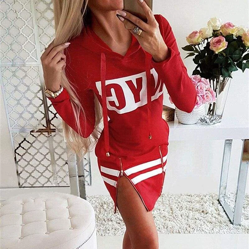 FashionSierra - Letter Print Hooded Long Sleeve Sweatshirt Dress Women Autumn Spring Loose Hoodie Casual Red Gray Black Clothes Shirt Dresses Hoodie with Sequins Glamorous Eye-catching