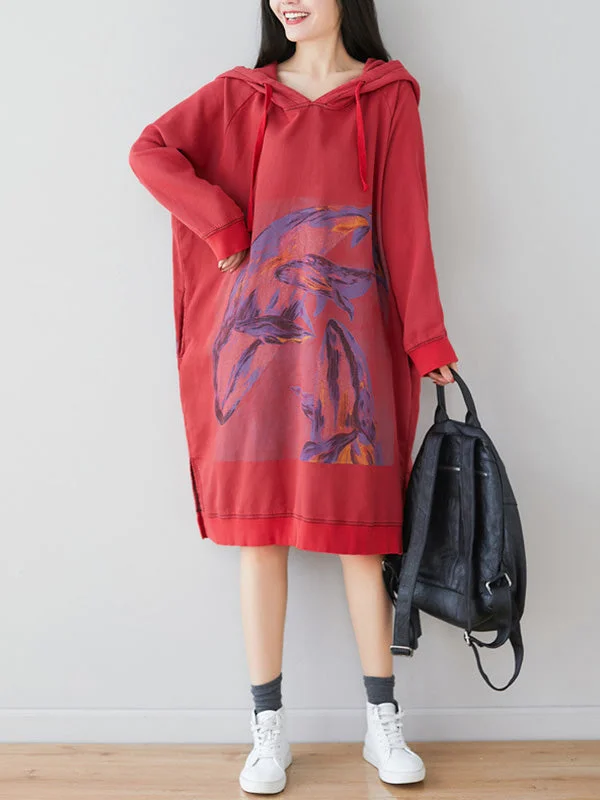 Loose Ethnic Floral Hooded Sweatshirt Dress Hoodie with Hem Patch Decorative Personalized