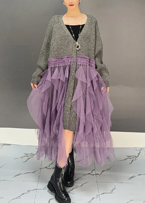 Loose Grey V Neck Tulle Patchwork Knit Cardigan Dress Winter Handmade Hand-knitted Hand-woven