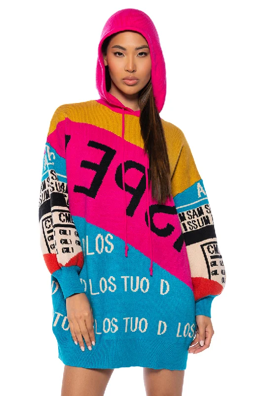 LOUD AND PROUD PULLOVER HOODED SWEATER DRESS IN BLUE One Shoulder Top