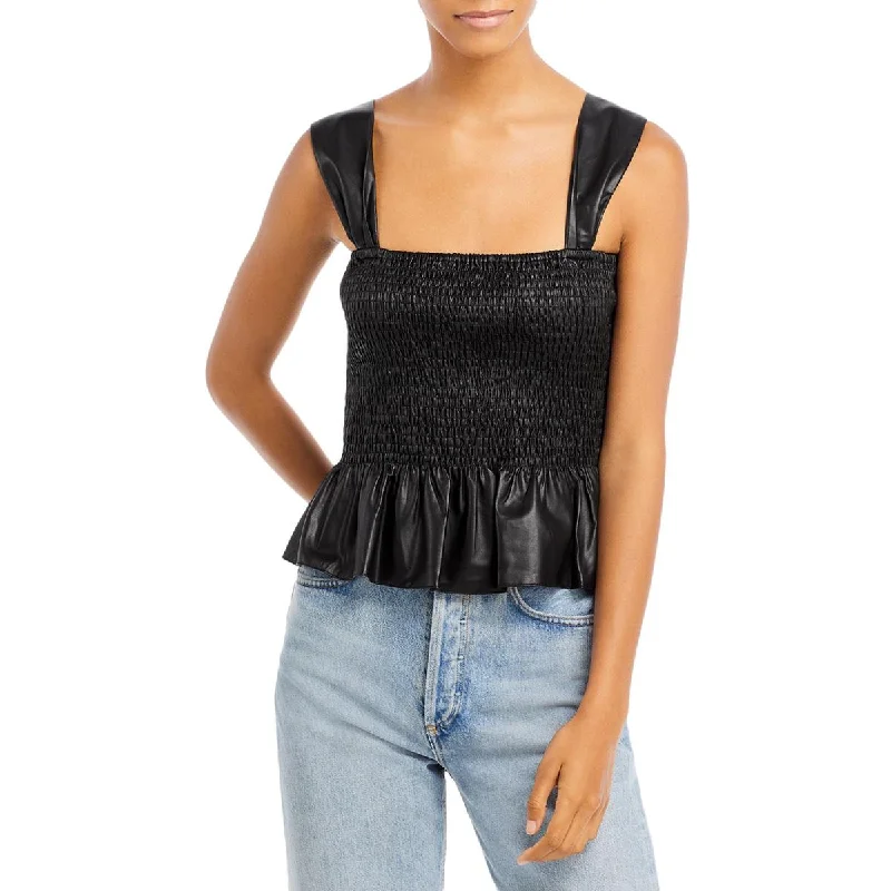 Lucy Paris Womens Lourdes Faux Leather Smocked Tank Top navy tank top