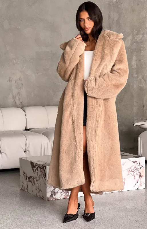 Lyrae Brown Full Length Faux Fur Coat Vegan Leather Trench