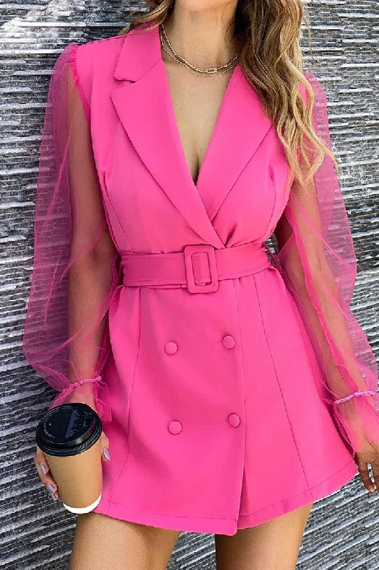 Mesh Sleeves Double-breasted Belted Blazer Dress Women's Unique Blazer