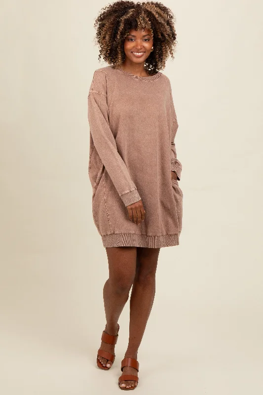 Mocha Mineral Wash Sweatshirt Dress Hoodie with Hood Adjustable Protection