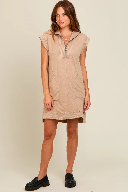 Mocha Zip Up Hooded Sweatshirt Mini Dress Hoodie with Hem Applique Textured Unique