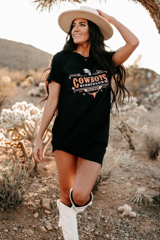 "Cowboys Night Club" Graphic T-Shirt Dress (Black) - Print On Demand Collared T-Shirt Boat Neck A-Line "Cowboys Night Club" Graphic T-Shirt Dress (Black) - Print On Demand Collared T-Shirt Boat Neck A-Line
