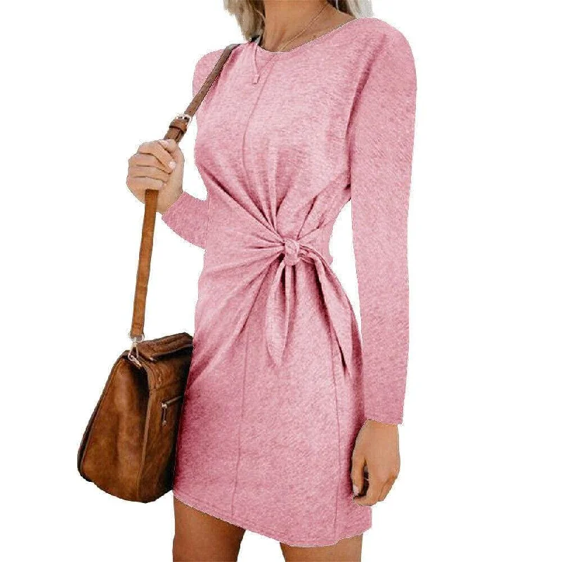 FashionSierra - New Fashion Women's Casual Sweatshirt Long Sleeve Crew Neck Lace-Up Autumn Winter Dress Elegant Ladies Bodycon T-Shirt Dress Hoodie with Drawcord Adjustable Secure
