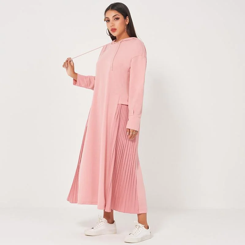 FashionSierra - College Style Casual Pullover Hooded Loose Pleated Stitching Solid Color Mid-length Sweater Dress Fine Merino Wool FashionSierra - College Style Casual Pullover Hooded Loose Pleated Stitching Solid Color Mid-length Sweater Dress Fine Merino Wool