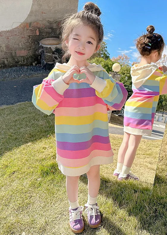 New Rainbow Hooded Lace Up Cotton Girls Sweatshirt Dress Fall XZ074 Hoodie with Reflective Safety Nightwear