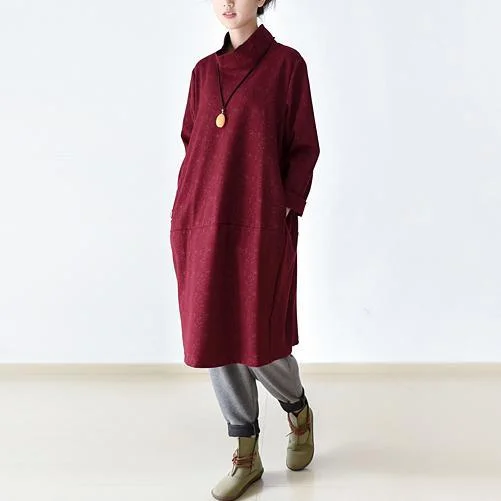 new red high neck warm cotton dresses plus size casual pullover dress Slit Sleeve Stylish