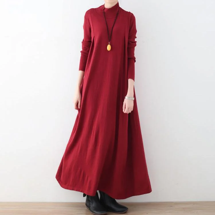 New Red Long Sweaters Plus Size Clothing High Neck Long Knit Sweaters Women Large Hem Pullover Dresses Textured Knit Design