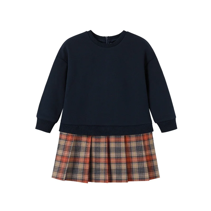 Nou Nelle Sweatshirt Dress With Plaid Skirt Hoodie with Ribbed Hem Stretchable Secure