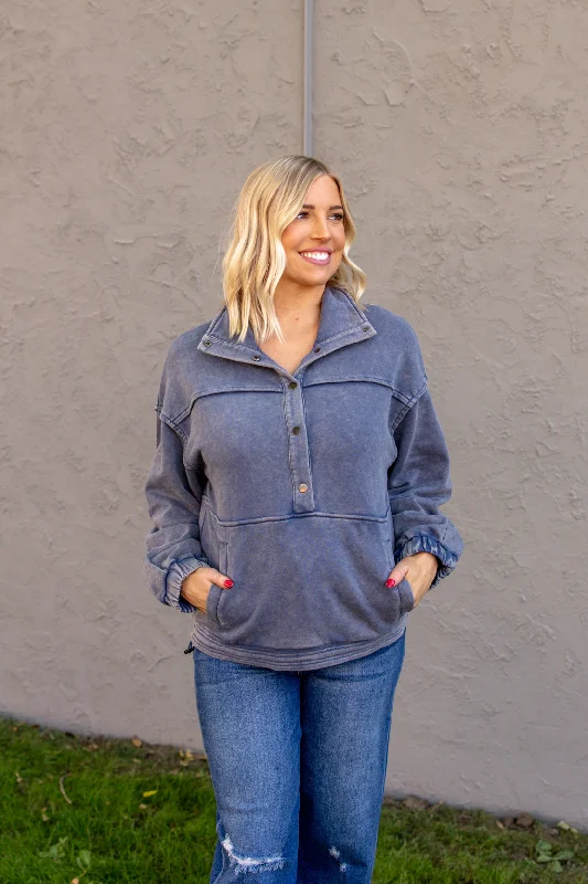 Hallie Button Down Sweatshirt | Denim Cotton Hoodie Fleece Lining Warmth