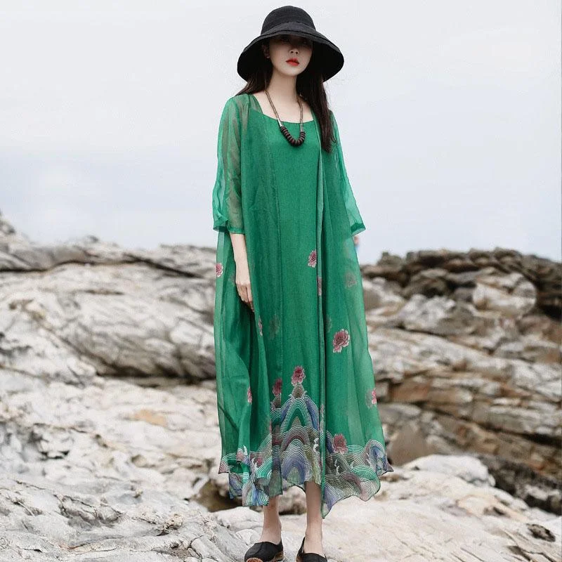Organic cardigan half sleeve dresses Runway green print Dresses summer Mesh Fabric Canvas Fabric Denim Fabric