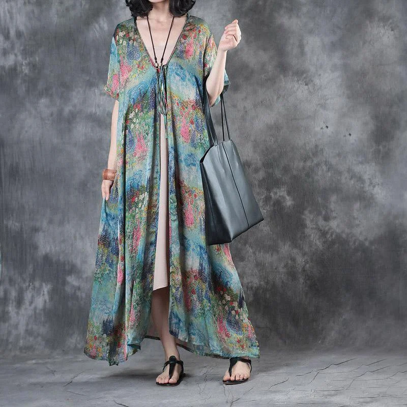 original blue print silk dresses plus size casual women sundress short sleeve cardigans maxi dress Velvet Chenille Corduroy