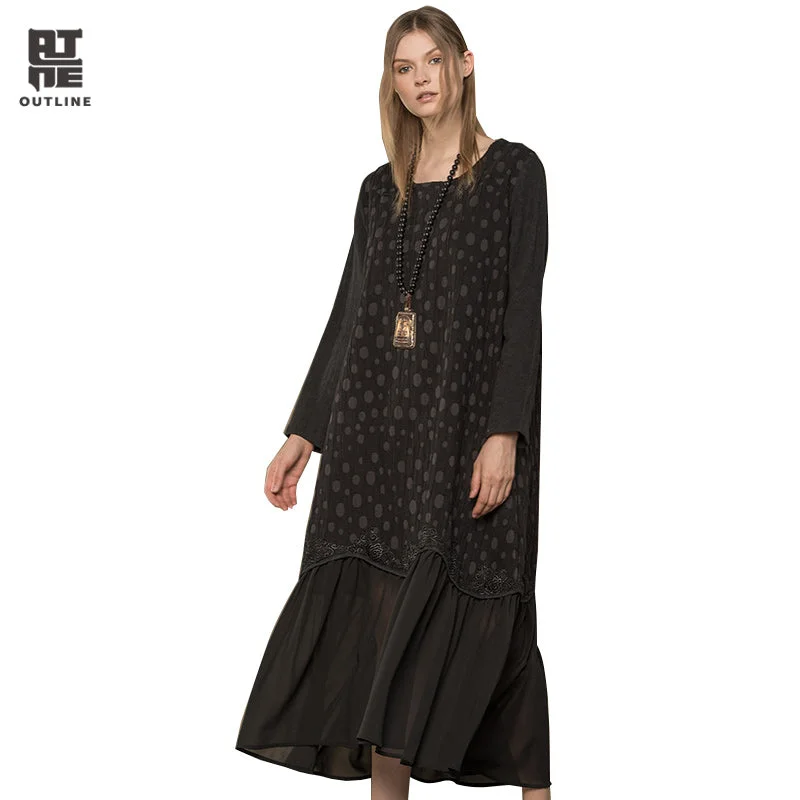 Outline Women Loose Dot Vintage Dress Autumn Black Jacquard Pullover Pleated Patchwork Long Chiffon Hem Plus Vestidos L173Y015 Halter Neck Top Outline Women Loose Dot Vintage Dress Autumn Black Jacquard Pullover Pleated Patchwork Long Chiffon Hem Plus Vestidos L173Y015 Halter Neck Top