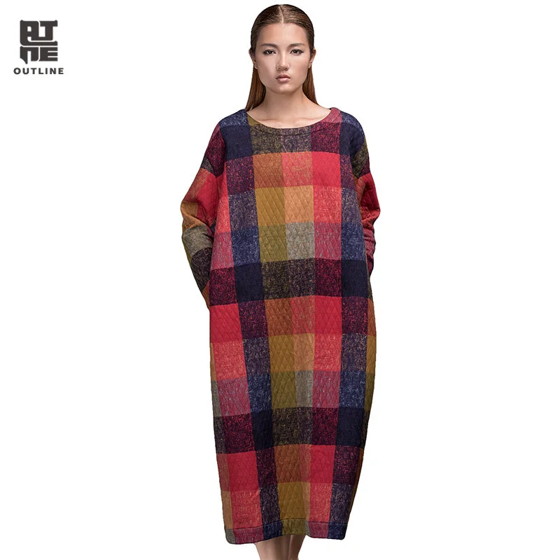 Outline Women Plaid Autumn Dress Vintage Cotton Loose Pullover Pockets Plus Size Print Full Sleeve O-neck Long Dresses L153Y008 Jewel Neck Pullover Outline Women Plaid Autumn Dress Vintage Cotton Loose Pullover Pockets Plus Size Print Full Sleeve O-neck Long Dresses L153Y008 Jewel Neck Pullover
