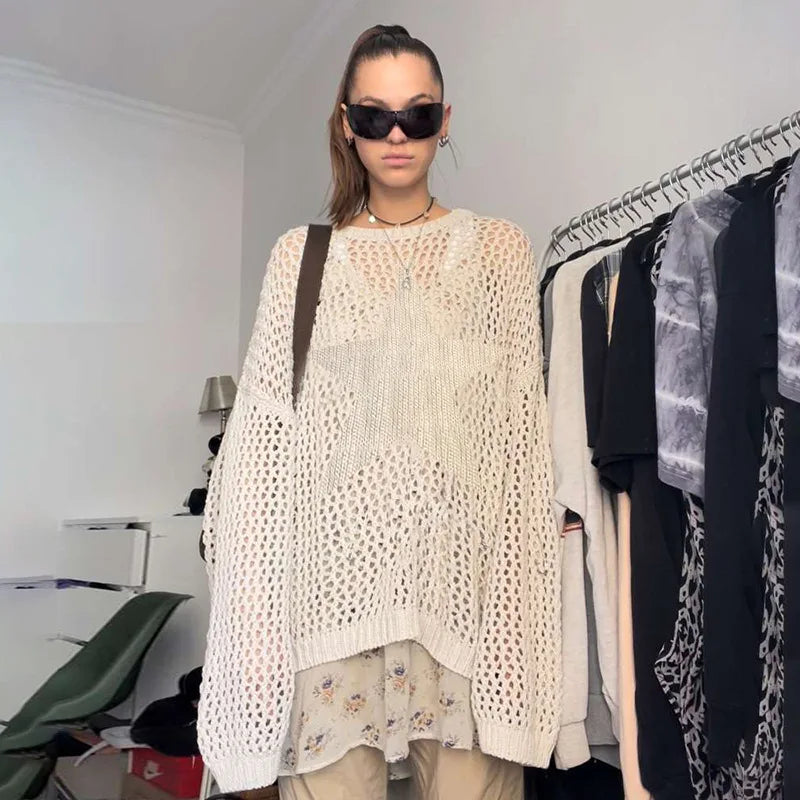 Oversized Solid Star See Through Knitted Pullover Cover-up Ladies Hollow Out Sweater Mini Dress Shawl Collar Sweater Oversized Solid Star See Through Knitted Pullover Cover-up Ladies Hollow Out Sweater Mini Dress Shawl Collar Sweater