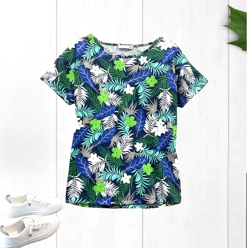 Patch Women Cotton Short Sleeve Printed T-Shirt Houndstooth Herringbone Solid