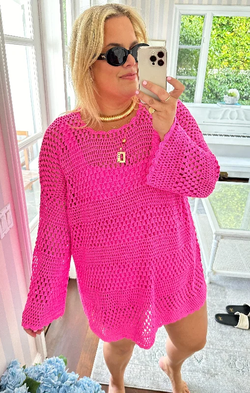 Paula Pullover ~ Hot Pink Crochet Elbow Length Sleeve